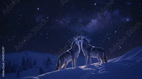 Fototapeta samoprzylepna Wilki stojące na śnieżnym zboczu, wyjąc do nieba na tle rozgwieżdżonego nieba pełnego ciszy i piękna.
