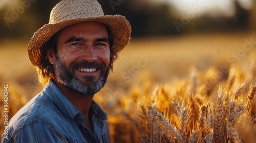 Man harvesting wheat in golden field under bright sunlight at summer afternoon