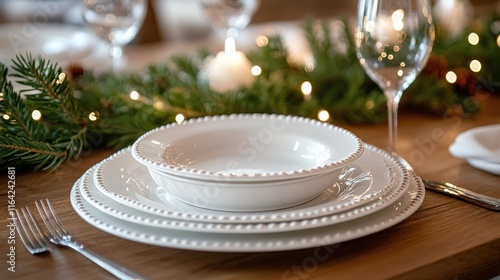 Cozy holiday dinner setting with festive decorations and warm fireplace ambiance