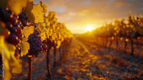 Golden sunset over vineyard rows during harvest season in the countryside