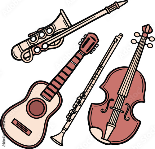 Vector Illustration of Musical Instruments: Guitar, Trumpet, and Drums