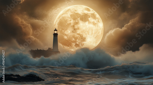 Monumentalny księżyc unoszący się za smukłą latarnią morską, kt&oacute;rej światło miesza się z eterycznym blaskiem, podkreślając magiczny widok fal uderzających o skały.