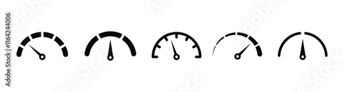 Risk meter icon set. Scale Low, Medium or High risk on speedometer, Set of gauges from low to high. Vector illustration.