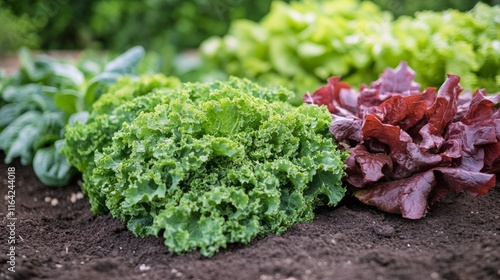 Freshly harvested leafy greens thriving in a garden during early morning light