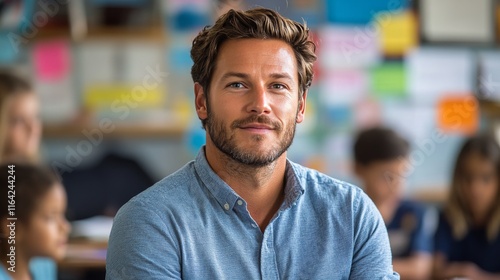 Engaging teacher smiles confidently while students participate in classroom a...