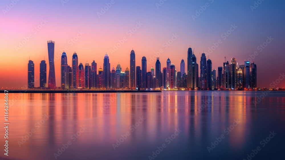Glowing City Skyline During Golden Hour Reflection Over Water Glowing City Skyline During Golden Hour Reflection Over Water