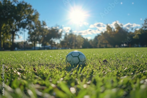 Soccer ball resting on green grass during sunset in a park setting