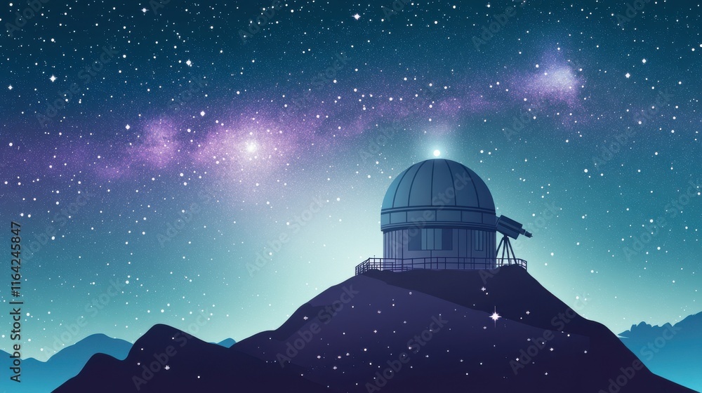 An illustrated observatory on a mountain under a starry night sky, with vibrant colors and a cosmic atmosphere. An illustrated observatory on a mountain under a starry night sky, with vibrant colors and a cosmic atmosphere.