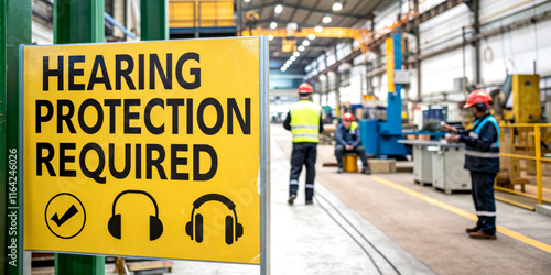 A bright yellow sign emphasizes the need for hearing protection in a busy industrial setting, highlighting safety measures for workers.