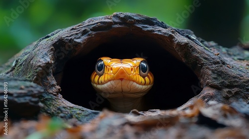Elegant snake resting inside a hollow log surrounded by autumn leaves in a tr...