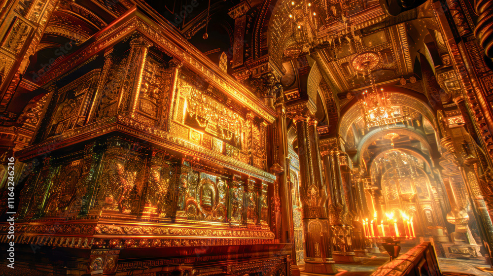 Obraz premium An ornate Torah ark in a large synagogue, ornate carvings and gold accents glowing under soft, warm lighting, with a menorah nearby.