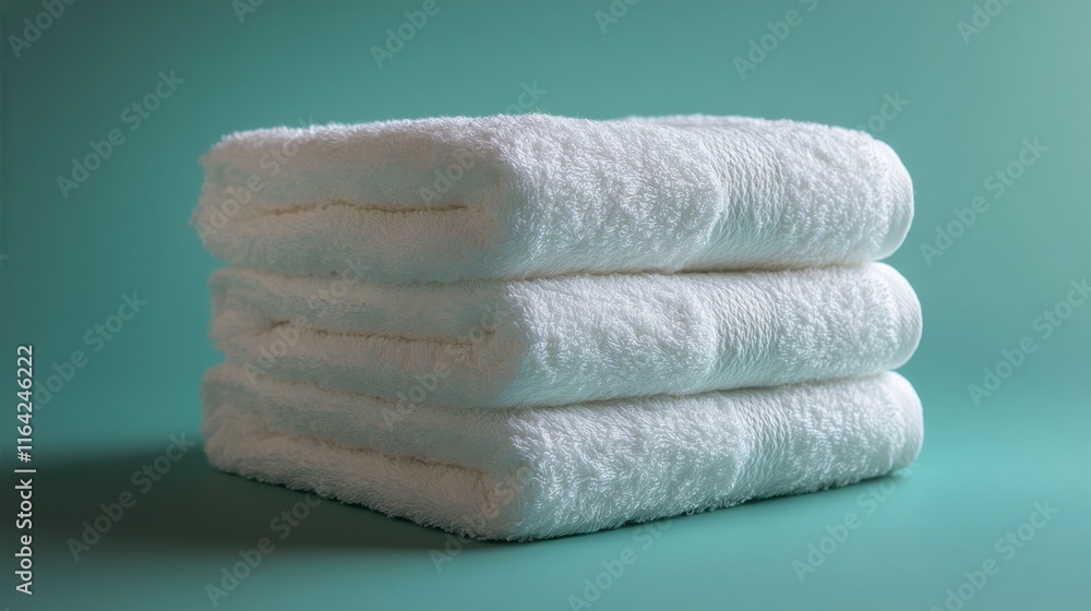 Soft white towels stacked neatly on a turquoise background for bathroom decor inspiration Soft white towels stacked neatly on a turquoise background for bathroom decor inspiration