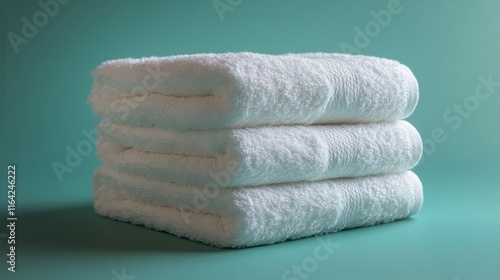 Soft white towels stacked neatly on a turquoise background for bathroom decor...