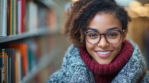Young woman smiles warmly while standing in a library filled with colorful books