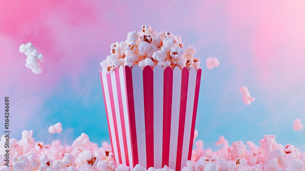 Freshly popped corn in a red and white striped box, styled against a dynamic pink and blue gradient, perfect for cinematic promotions. Freshly popped corn in a red and white striped box, styled against a dynamic pink and blue gradient, perfect for cinematic promotions.