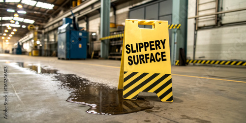 A caution sign warning of a slippery surface, positioned near a puddle in a warehouse setting, highlighting safety concerns in industrial environments. photo