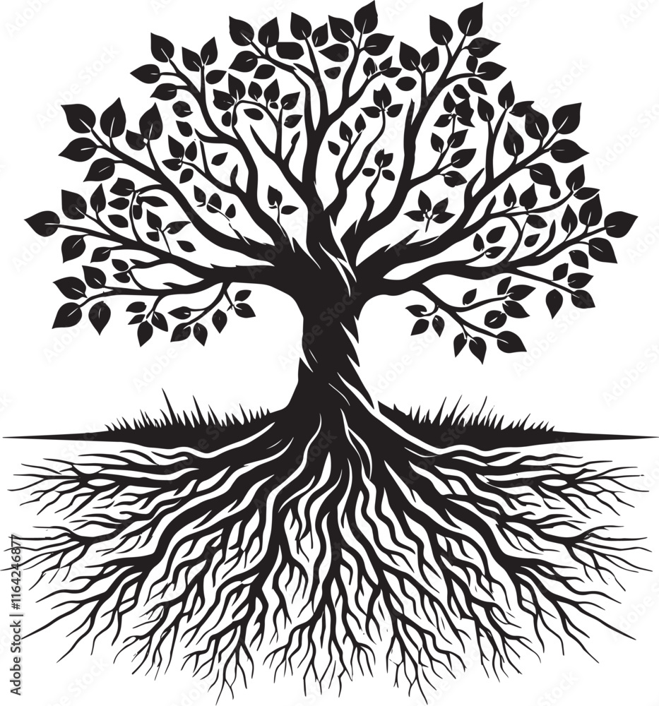 Obraz premium Plant Tree with roots silhouette vector illustration isolated on a white background