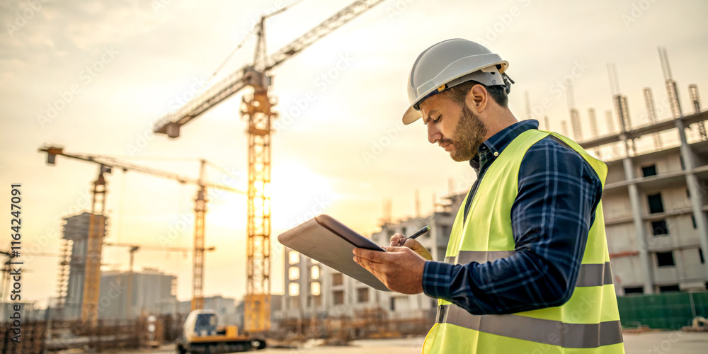 A construction worker in a hard hat and safety vest checks plans on a clipboard at a construction site during sunset. A construction worker in a hard hat and safety vest checks plans on a clipboard at a construction site during sunset.