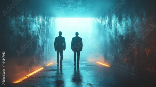 Two men walking in a tunnel with a blue light in the background