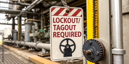 A sign indicating that lockout/tagout procedures are required, located in an industrial setting with piping and machinery visible in the background. photo