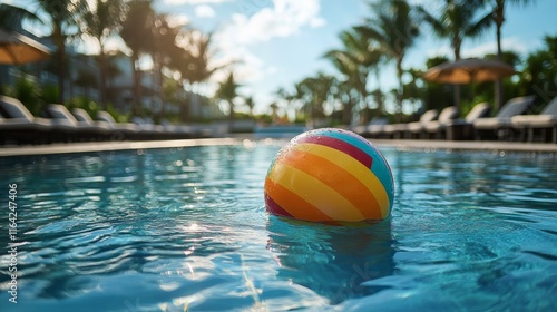 Bright beach ball floating in a serene swimming pool surrounded by tropical p...