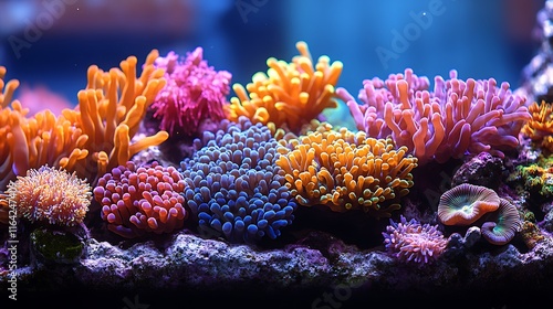 Vibrant Coral Reef Displaying Diverse Colorful Anemones photo