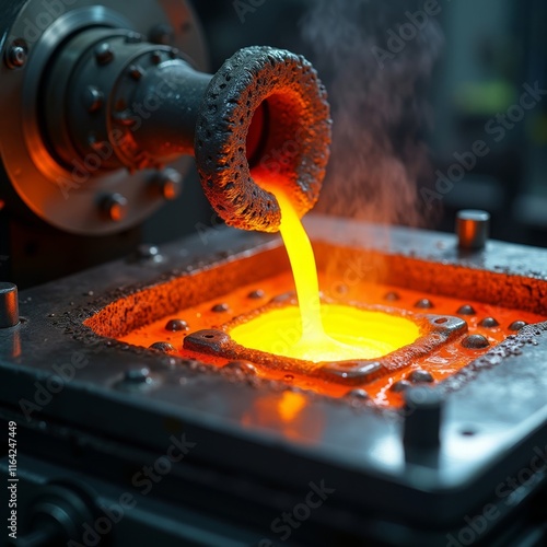 Molten Metal Casting Process. Industrial pouring of glowing hot liquid metal from crucible into casting mold with visible steam and intense heat effects. photo