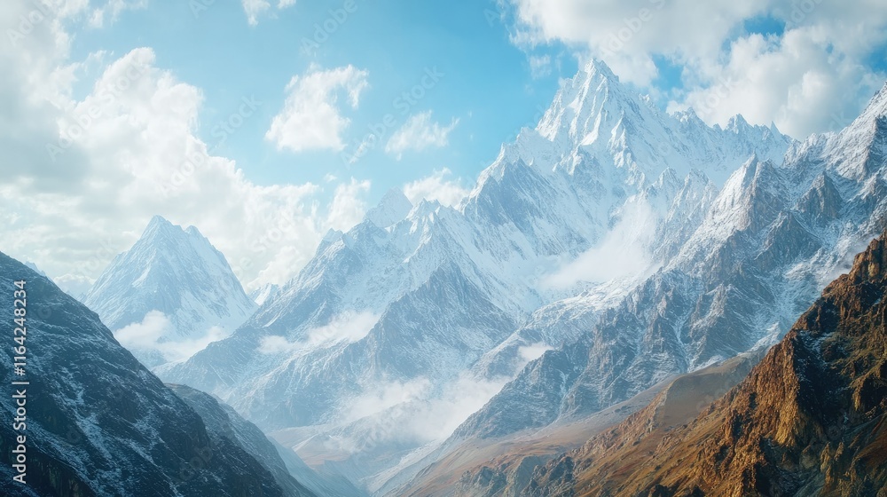 Majestic Snow-Capped Mountains Under Blue Sky with Fluffy Clouds Majestic Snow-Capped Mountains Under Blue Sky with Fluffy Clouds
