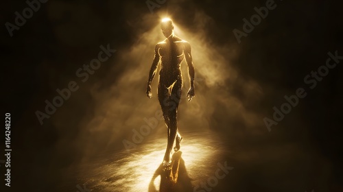 A Sole Luminous Figure Vividly Illuminated by an Intense Spotlight in a Realm of Darkness