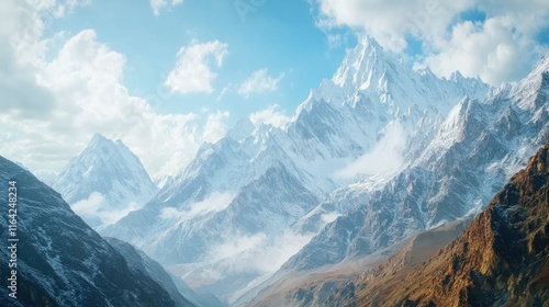 Majestic Snow-Capped Mountains Under Blue Sky with Fluffy Clouds