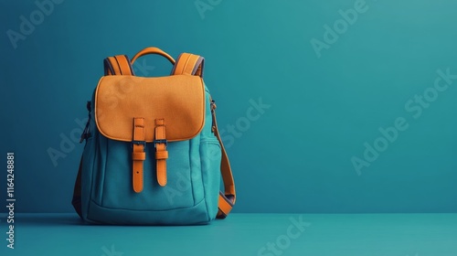 Stylish blue backpack on a vibrant turquoise background showcasing modern acc...