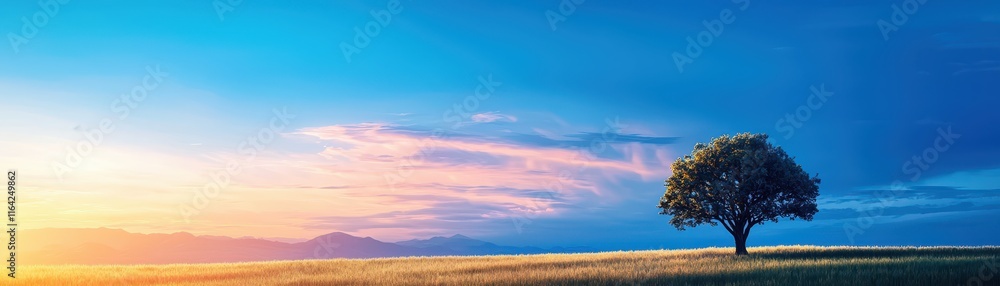 A serene landscape featuring a solitary tree against a vibrant sunrise, with expansive fields and a colorful sky. A serene landscape featuring a solitary tree against a vibrant sunrise, with expansive fields and a colorful sky.