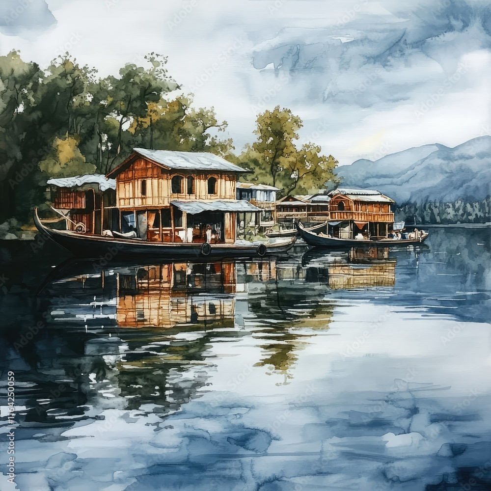 Serene Lake Landscape with Wooden Houses and Reflections Serene Lake Landscape with Wooden Houses and Reflections
