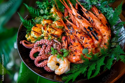 Indulge in a vibrant seafood feast showcasing grilled shrimp and octopus photo