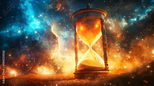 Time Distortion: An Hourglass with Surreal Glow and Suspended Sand Between Two Worlds with Dazzling Cosmic Elements photo