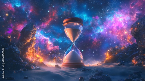 Time Distortion: An Hourglass with Surreal Glow and Suspended Sand Between Two Worlds with Dazzling Cosmic Elements photo