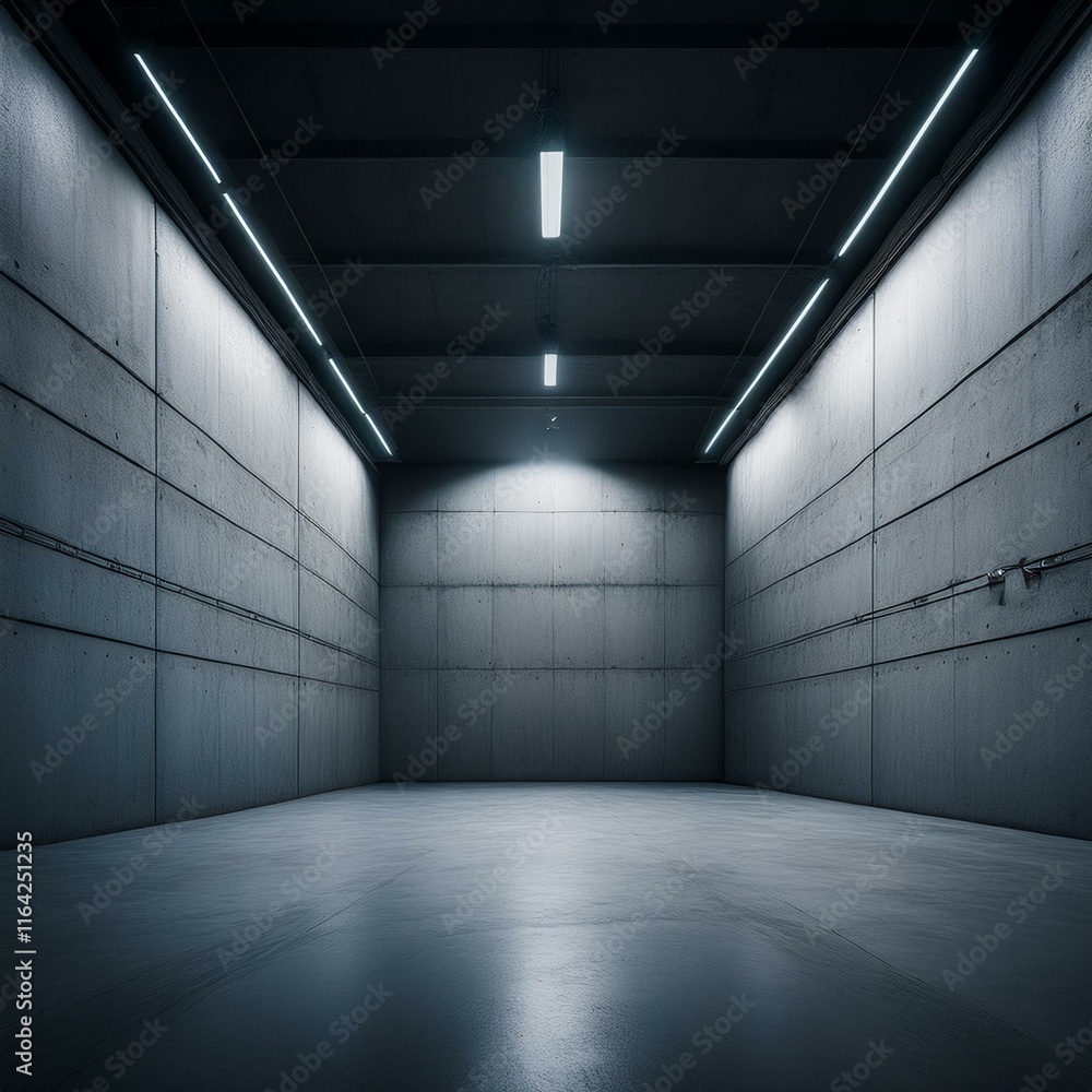Obraz premium stock photo features a dimly lit, empty concrete garage with gray walls.