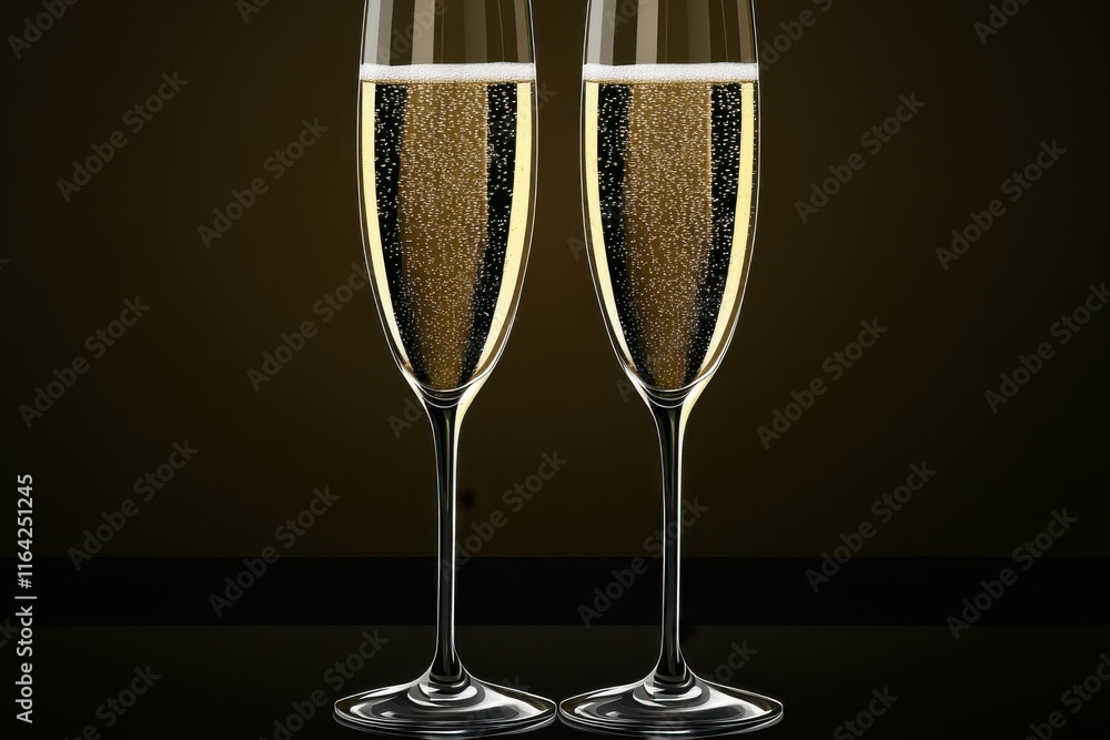 Two elegant champagne flutes filled with sparkling golden bubbly against a dark background. Two elegant champagne flutes filled with sparkling golden bubbly against a dark background.