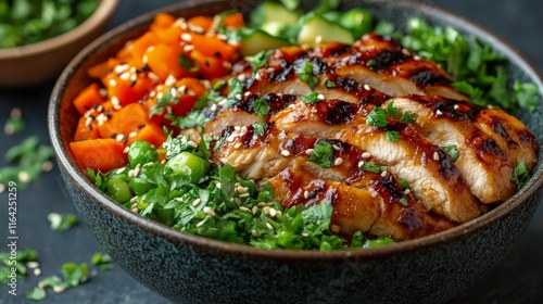 Grilled tofu served on noodles with vegetables and sesame seeds garnished for...