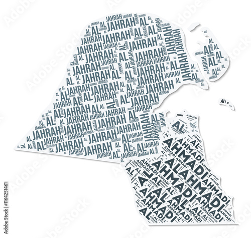 Kuwait shape text cloud. Country border with shadow on white background. Kuwait with regions division in vintage gazette style. Vibrant vector illustration.