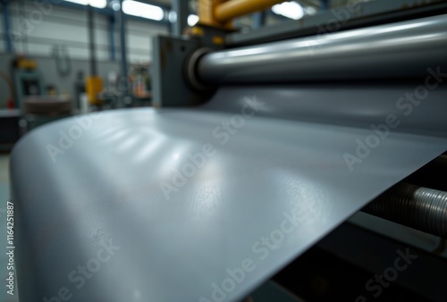 Metal sheet rolling process. Close-up of a metal sheet being processed in an industrial rolling machine at a factory. photo