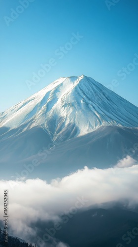 Snow-capped mountain under clear blue sky with golden grass in foreground nea...