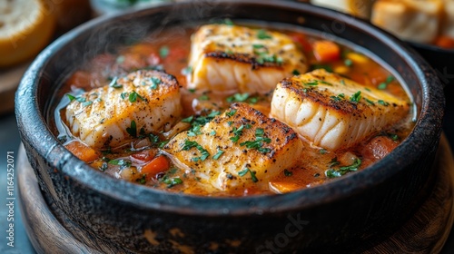 Delicious fish in savory broth served in a traditional bowl with fresh herbs ...