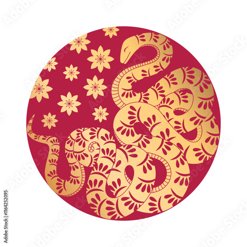Golden snake wriggled into a circle with flowers. New Year symbol 2025. Chinese lunar new year card decoration. Vector design