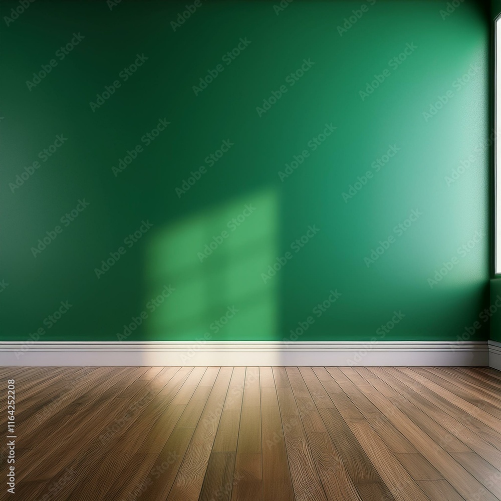 An empty room with a vibrant green wall and polished wooden floor provides a serene