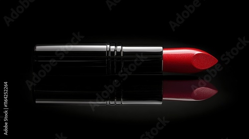 Elegant red lipstick resting on a reflective surface highlighting its vibrant...