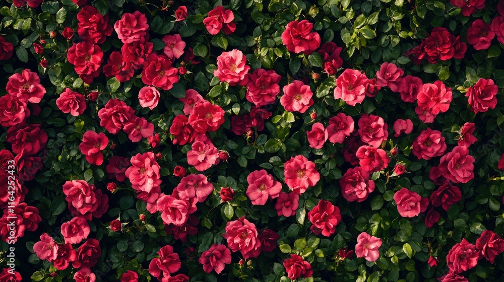 Naklejka premium Vibrant Pink Roses Blooming in a Lush Green Garden Setting