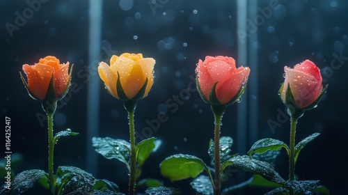 Vibrant pink flowers in ice block create a stunning visual display in artisti...