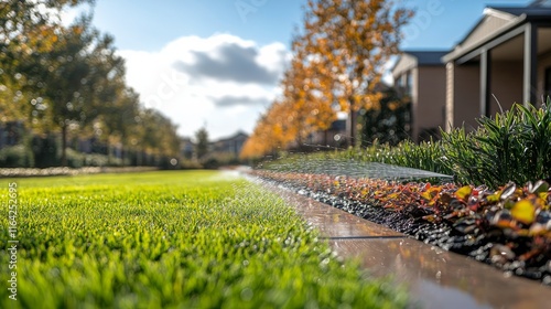 Serene morning watering of lush green lawn along charming residential pathway
