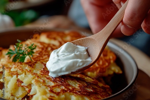 Fluffy potato pancakes topped with creamy sauce in a cozy kitchen setting photo